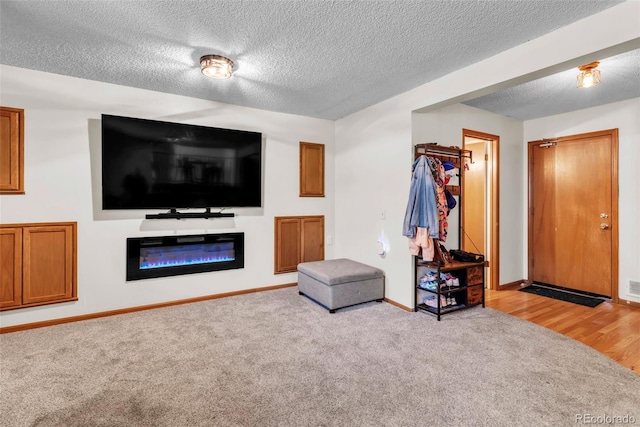 3688 S Cathay Cir, Aurora, CO 80013 - carpeted living room with a glass covered fireplace and a textured ceiling