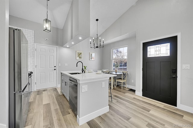 kitchen featuring sink, hanging light fixtures, an island with sink, and appliances with stainless steel finishes