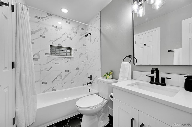 full bathroom featuring vanity, tile patterned floors, toilet, and shower / bath combo with shower curtain