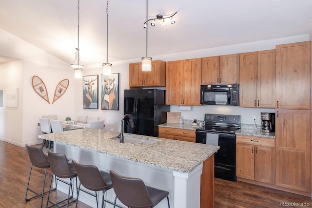 kitchen featuring dark wood-type flooring, black appliances, sink, and a kitchen island with sink