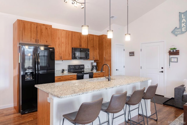 kitchen featuring an island with sink, black appliances, sink, and dark hardwood / wood-style flooring