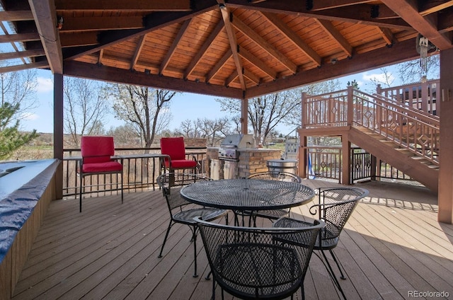 6492 S Piney Creek Cir, Centennial, CO 80016 - wooden deck featuring a gazebo, stairway, grilling area, area for grilling, and outdoor dining area