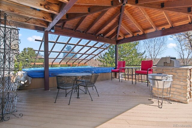 6492 S Piney Creek Cir, Centennial, CO 80016 - wooden terrace featuring outdoor dry bar, a gazebo, and a hot tub