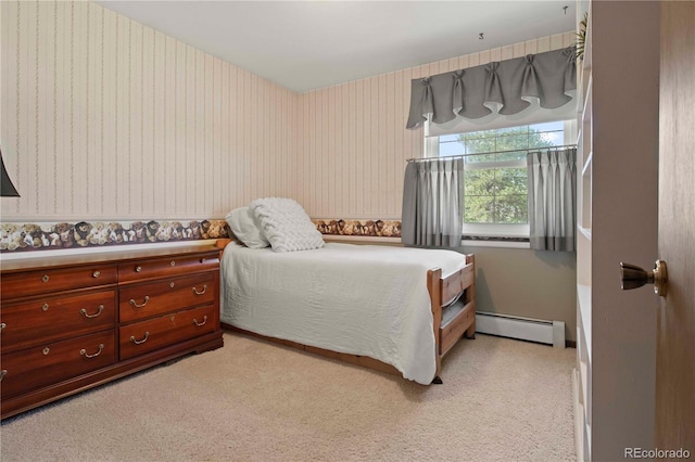 6492 S Piney Creek Cir, Centennial, CO 80016 - bedroom with a baseboard radiator, light carpet, and wallpapered walls