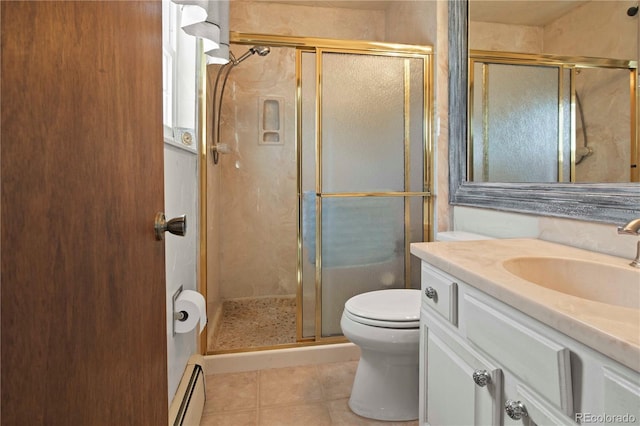 6492 S Piney Creek Cir, Centennial, CO 80016 - full bathroom with a shower stall, tile patterned floors, toilet, vanity, and a baseboard radiator