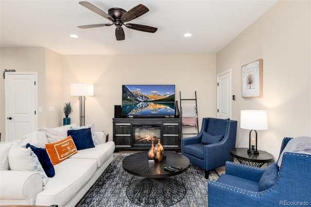 8186 E 53rd Dr, Denver, CO 80238 - living room with a ceiling fan, recessed lighting, and a glass covered fireplace