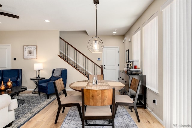 8186 E 53rd Dr, Denver, CO 80238 - dining space featuring light wood-style flooring, stairway, ceiling fan, and recessed lighting