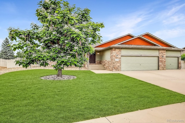 5193 Rustic Ave, Firestone, CO 80504 - view of front of house featuring an attached garage, stone siding, and concrete driveway