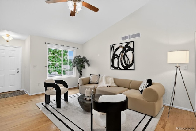 5193 Rustic Ave, Firestone, CO 80504 - living area featuring light wood-type flooring, ceiling fan, and high vaulted ceiling