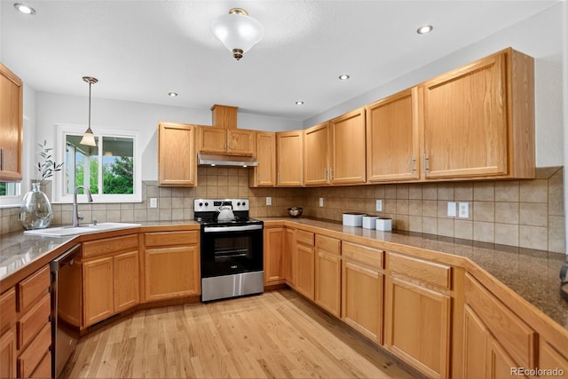 5193 Rustic Ave, Firestone, CO 80504 - kitchen with stainless steel appliances, light wood-type flooring, under cabinet range hood, tile counters, and backsplash