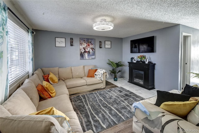 living room featuring light hardwood / wood-style floors and a textured ceiling