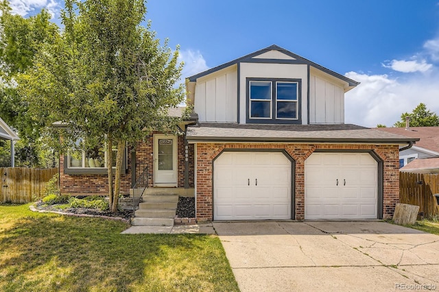 7953 S Garrison Way, Littleton, CO 80128 - view of front of house featuring brick siding, board and batten siding, a garage, and concrete driveway