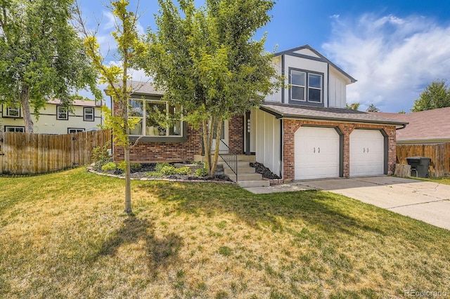 7953 S Garrison Way, Littleton, CO 80128 - view of front facade featuring concrete driveway, brick siding, an attached garage, and board and batten siding