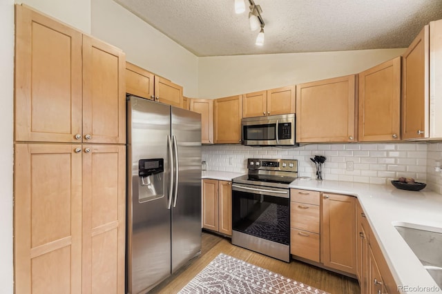 7953 S Garrison Way, Littleton, CO 80128 - kitchen with stainless steel appliances, light brown cabinets, light wood-style floors, light countertops, and a textured ceiling