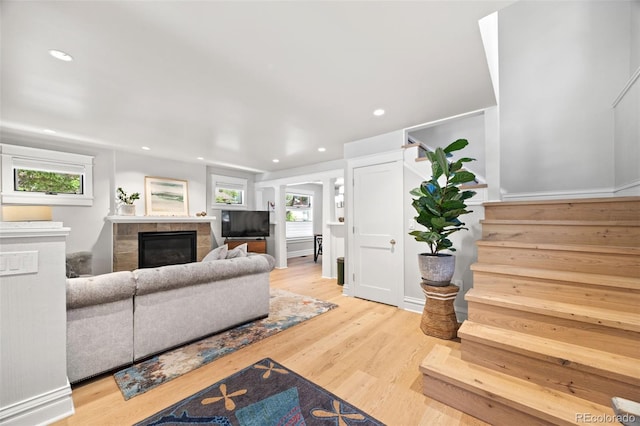 400 S Gilpin St, Denver, CO 80209 - living area featuring a fireplace, stairway, wood finished floors, and recessed lighting