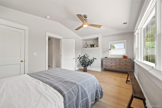 400 S Gilpin St, Denver, CO 80209 - bedroom with light wood-style flooring, lofted ceiling, and a ceiling fan