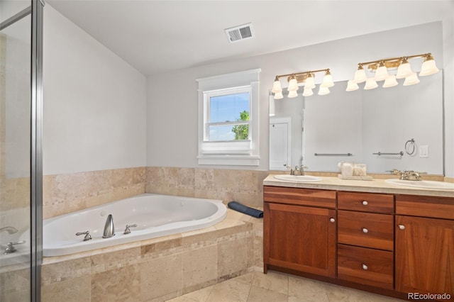 400 S Gilpin St, Denver, CO 80209 - bathroom featuring double vanity, a garden tub, a shower stall, and tile patterned flooring