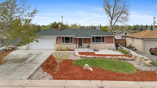 1155 W 4th Ave, Broomfield, CO 80020 - single story home with driveway, a garage, fence, a chimney, and roof with shingles