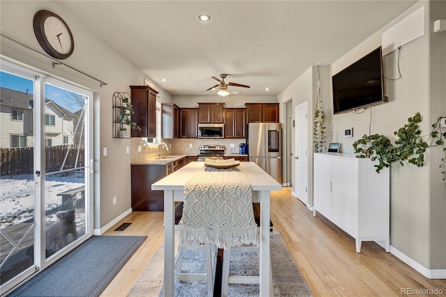 kitchen with sink, appliances with stainless steel finishes, a kitchen island, light hardwood / wood-style floors, and backsplash