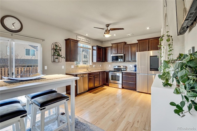 kitchen featuring appliances with stainless steel finishes, sink, decorative backsplash, dark brown cabinetry, and light wood-type flooring