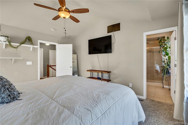 carpeted bedroom featuring ceiling fan and vaulted ceiling