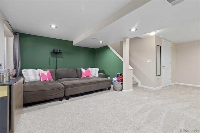 5555 E Briarwood Ave Unit 1404, Centennial, CO 80122 - living room featuring carpet floors, baseboards, stairway, and recessed lighting