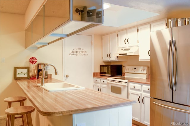 kitchen featuring black microwave, under cabinet range hood, freestanding refrigerator, electric range, and a sink