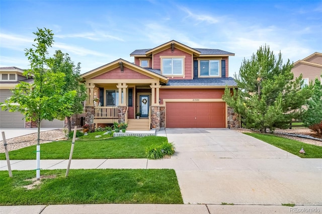 21502 E Idyllwilde Dr, Parker, CO 80138 - craftsman inspired home featuring stone siding, an attached garage, a front yard, a porch, and driveway