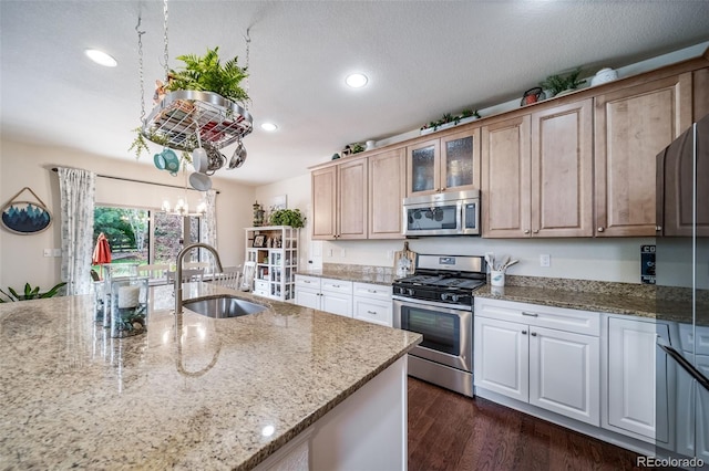 21502 E Idyllwilde Dr, Parker, CO 80138 - kitchen featuring stainless steel appliances, recessed lighting, glass insert cabinets, light stone counters, and dark wood-style floors