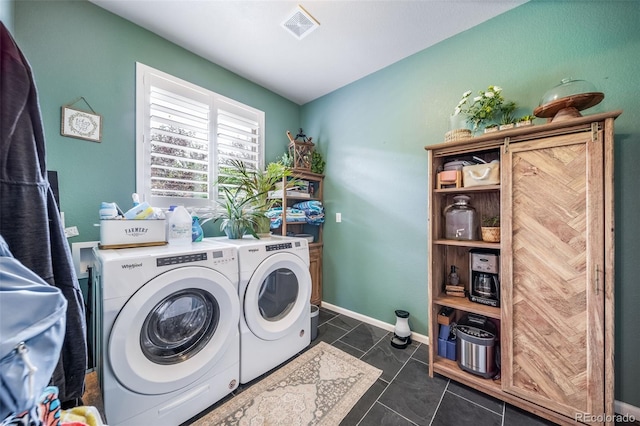 21502 E Idyllwilde Dr, Parker, CO 80138 - laundry room featuring independent washer and dryer and dark tile patterned flooring