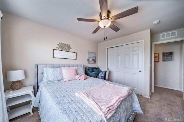 21502 E Idyllwilde Dr, Parker, CO 80138 - bedroom with carpet flooring, a closet, and a ceiling fan