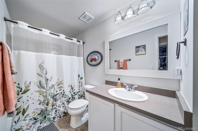 21502 E Idyllwilde Dr, Parker, CO 80138 - full bath with vanity, a shower with shower curtain, tile patterned floors, and a textured ceiling