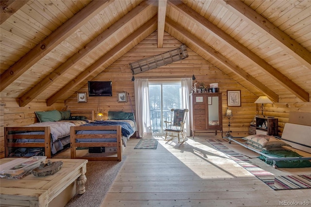 bedroom with wooden walls, wooden ceiling, and light wood-type flooring