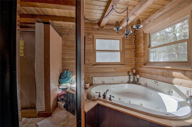 bathroom featuring a bath, log walls, beamed ceiling, a notable chandelier, and wood ceiling