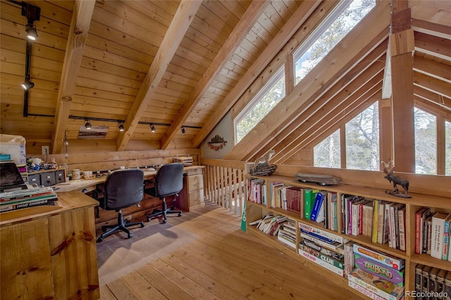 office area with rail lighting, vaulted ceiling with beams, wood walls, wood-type flooring, and wood ceiling