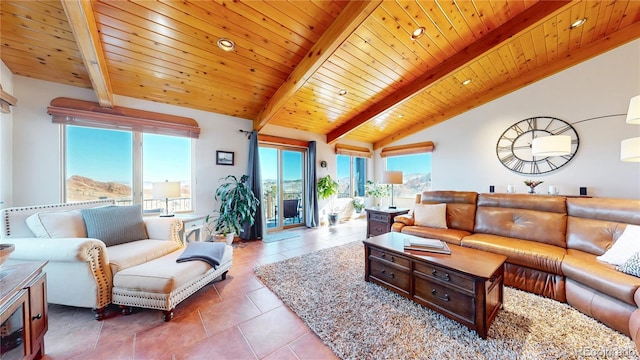 tiled living room featuring wood ceiling and vaulted ceiling with beams