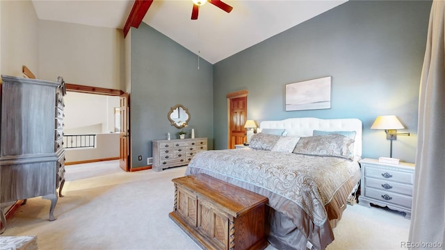 bedroom with ceiling fan, light colored carpet, high vaulted ceiling, and beamed ceiling