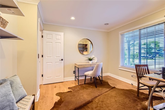 702 Windmill Pl, Highlands Ranch, CO 80126 - office area featuring ornamental molding, wood finished floors, and recessed lighting