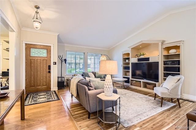 702 Windmill Pl, Highlands Ranch, CO 80126 - living room with light wood-style floors, crown molding, and lofted ceiling