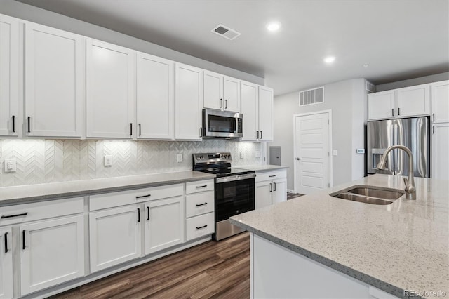 kitchen featuring a sink, visible vents, white cabinetry, appliances with stainless steel finishes, and tasteful backsplash