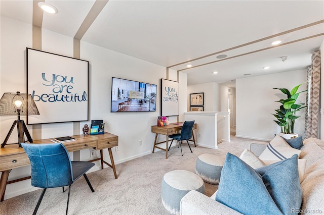 home office with light carpet, baseboards, and recessed lighting