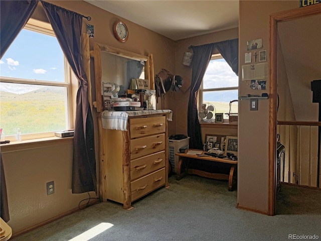 carpeted bedroom featuring a mountain view