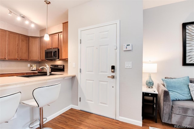 10056 W Unser Dr Unit 106, Littleton, CO 80127 - kitchen with stainless steel microwave, a sink, light wood-style flooring, baseboards, and pendant lighting