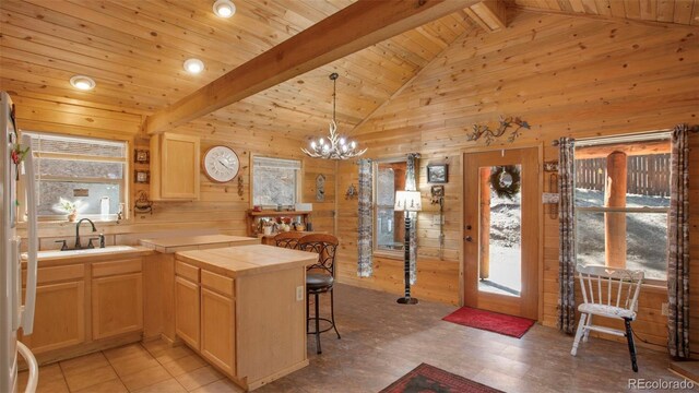 155 Squilchuck Trl, Woodland Park, CO 80863 - kitchen featuring wooden walls, a sink, tile counters, a peninsula, and wood ceiling