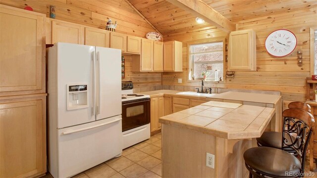 155 Squilchuck Trl, Woodland Park, CO 80863 - kitchen featuring wood ceiling, light brown cabinetry, wood walls, a sink, and white appliances