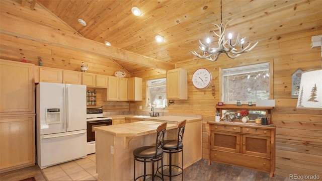 155 Squilchuck Trl, Woodland Park, CO 80863 - kitchen with white appliances, wooden ceiling, a sink, wood counters, and vaulted ceiling