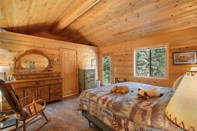 155 Squilchuck Trl, Woodland Park, CO 80863 - bedroom with wooden walls, lofted ceiling with beams, and access to exterior