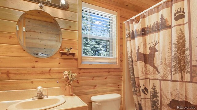155 Squilchuck Trl, Woodland Park, CO 80863 - bathroom with toilet, wood walls, a shower with shower curtain, and vanity