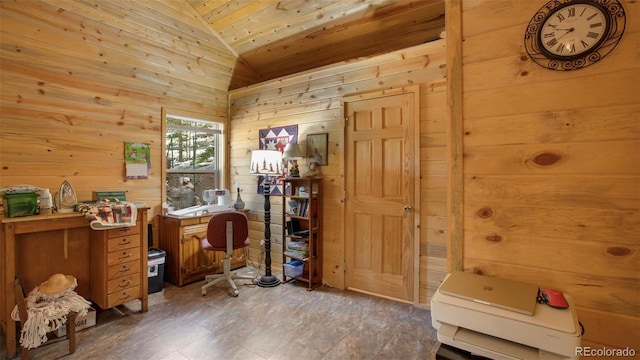 155 Squilchuck Trl, Woodland Park, CO 80863 - office featuring wood ceiling, vaulted ceiling, and wood walls