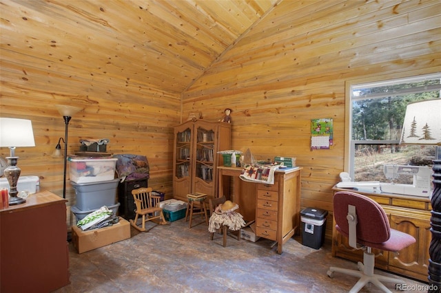 155 Squilchuck Trl, Woodland Park, CO 80863 - office featuring wood walls, lofted ceiling, and wooden ceiling